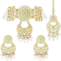I Jewels 18K Gold Plated Traditional Kundan Studded Pearl Choker Necklace Jewellery Set For Women (ML291Min)