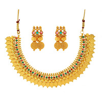 ZENEME Jewellery Set Gold Plated Temple Coin Traditional Maa Lakshmi Necklace Set With Earring Jewellery For Women & Girls (Pearl)