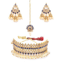ZAVERI PEARLS Blue Stones & Pearls Traditional Choker Necklace, Earring & Maangtikka Set For Women-ZPFK9577