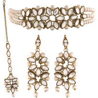 I Jewels 18k Gold Plated Kundan & Pearl Beaded Choker Set for Women/Girls (IJ345W)