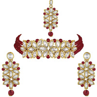 I Jewels 18k Gold Plated Kundan & Pearl Beaded Choker Set for Women/Girls (IJ345M)