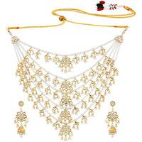 Peora 18K Gold Plated Traditional Kundan Pearl Floral Layered Long Necklace with Earring Jewellery Set for Women Girls