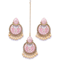 Shining Diva Fashion Latest Stylish Traditional Meenakari Maang Tikka Earrings Jewellery Set for Women (Pink) (11391mter), one