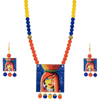JFL - Jewellery for Less Handcrafted Village Women Painting Print Beaded Designer Necklace Set for Women and Girls (Orange, Navy Blue & Yellow),Valentine