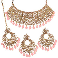 I Jewels Traditional Gold Plated Kundan & Beads Choker Necklace Jewellery Set with Maang Tikka for Women (ML233Pi)