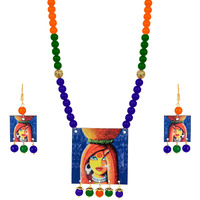 JFL - Jewellery for Less Handcrafted Village Women Painting Print Beaded Designer Necklace Set for Women and Girls (Navy Blue, Green & Orange),Valentine