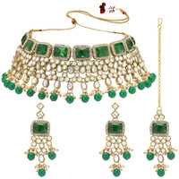 Peora Traditional Green Crystal Choker Necklace Earring Maang Tikka Jewellery Set for Women Girls