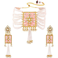 Peora Traditional Jewellery Pearl Kundan Padmavati Choker Necklace with Earrings for Women Girls (Pink)