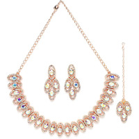 Sukkhi Lavish Rose Gold Plated Rainbow Stones Collar Bone Necklace Set With Earring And Maangtika | Jewellery Set For Women (NS104986)