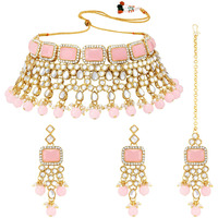 Peora Traditional Gold Plated Pink Kundan Choker Necklace Dangle Earring & Maang Tikka Ethnic Jewellery Set Gift for Women & Girls