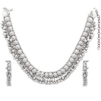 Yellow Chimes German Silver Oxidised Ghoongroo Necklace Set Traditional Boho Designer Choker Necklace With Earrings for Womens & Girls