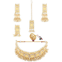 ZAVERI PEARLS Gold Tone Mirror Choker Necklace Earring Maangtikka & Ring Set For Women-ZPFK11536