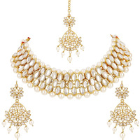 Shining Diva Latest Choker Design Traditional Kundan Earrings Maang Tikka Necklace Jewellery Set for Women (White) (11299s)