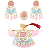 ZAVERI PEARLS Pink Turquoise Multistrand Kundan Choker Necklace Earring & Ring Set For Women-ZPFK15408
