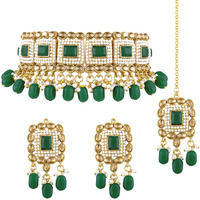Peora Gold Plated Kundan Green Crystal Choker Necklace Earrings Maang Tikka Set Traditional Ethnic Jewellery Set for Women
