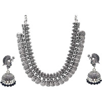 PV Pushpavalli Fashions Traditional Ethnic Handmade German Silver Plated Oxidised Lakshmi Coin Design silver Tone Necklace & Earring Combo for Women & Girls
