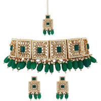 Shining Diva Fashion Latest Stylish Fancy Choker Traditional Pearl Kundan Necklace Jewellery Set for Women (12897s), Green, One