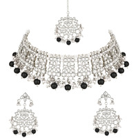 I Jewels Silver Plated Traditional Kundan & Pearl Choker Necklace Jewellery Set with Earrings & Maang Tikka For Women/Girls (K7069Z) (Black)