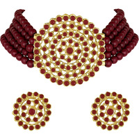 Peora Gold Plated Pearl Diamond Kundan Choker Necklace with Round Earrings Traditional Jewellery Set (Maroon-1) For Womens
