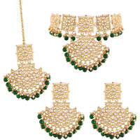 I Jewels 18k Gold Plated Traditional Pearl Kundan Studded Choker Jewellery Necklace Set with Maang Tikka for Women (K7099G)