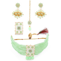 ZAVERI PEARLS Green Multistrand Choker Necklace Earring Maangtikka & Ring Set For Women-ZPFK11473