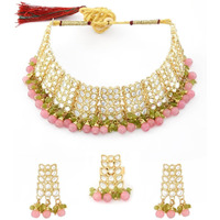 ZAVERI PEARLS Pink & Green Bead Drops Kundan Necklace Earring & Ring Set For Women-ZPFK12112