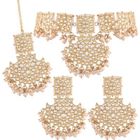 I Jewels Gold Plated Traditional Pearl Kundan Studded Bridal Choker Necklace With Chandbali Earrings & Maang Tikka Jewellery Set For Women (K7099W)