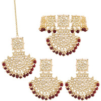 I Jewels 18k Gold Plated Traditional Pearl Kundan Studded Choker Jewellery Necklace Set with Maang Tikka for Women (K7099M)