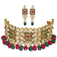 I Jewels 18K Gold Plated Traditional Handcrafted Choker Necklace Jewellery Set Encased With Faux Stone Studded & Pearl For Women/Girls (K7082QG)