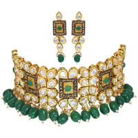 I Jewels 18K Gold Plated Traditional Handcrafted Choker Necklace Jewellery Set Encased With Faux Stone Studded & Pearl For Women/Girls (K7082G)