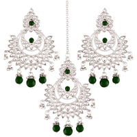 I Jewels Ethnic Silver Plated Traditional Kundan Pearl Earrings & Maang Tikka for Women (TE2498ZG)