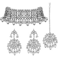 I Jewels 18K Rhodium Plated Traditional Kundan & Pearl Studded Choker Necklace Jewellery Set with Earrings & Maang Tikka For Women (K7069S)