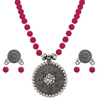 JFL - Jewellery for Less Traditional Antique Silver Plated Bead Necklace with Oxidised German silver polish Ganesha Pendant Jewellery Set with Drop Earrings for Women & Girls