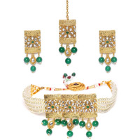ZAVERI PEARLS Green Beads & Kundan Multistrand Pearls Choker Necklace, Earring & Maangtikka Set For Women-ZPFK9835