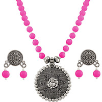 JFL - Jewellery for Less Silver Plated Bead Necklace Ganesha Pendant Set For Women,Valentine