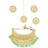 ZAVERI PEARLS Green Bridal Kundan Choker Necklace Earring Maangtikka & Ring Set For Women-ZPFK11420