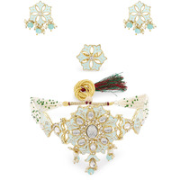 ZAVERI PEARLS Turquoise Meenakari Multistrand Kundan Choker Necklace Earring & Ring Set For Women-ZPFK13655