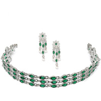 ZENEME Fashion Jewellery Antique Oxidised Silver Plated Red American Daimond Studded Light Weight Choker Necklace With Earrings Jewellery For Women & Girls (GREEN)