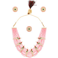 ZAVERI PEARLS Green & Pink Crystals Beaded Multistrand Parrot Choker Necklace Earring & Ring Set For Women-ZPFK14441