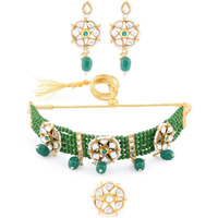 ZAVERI PEARLS Green Multistrand Beaded Kundan Choker Necklace Earring & Ring Set For Women-ZPFK11005