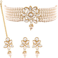 I Jewels 18K Gold Plated Traditional Kundan with Pearl Choker Necklace Jewellery Set & Maang Tikka for Women/Girls (ML262W)
