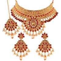 I Jewels 18K Gold Plated Traditional Stone Studded Choker Necklace Jewellery Set with Earrings & Maang Tikka For Women (K7071M)