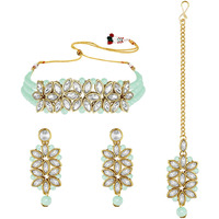 Peora Gold Plated Pearl Kundan Choker Necklace with Earring Maang Tikka Traditional Ethnic Bridal Jewellery Set for Women