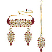 Peora Gold Plated Pearl Kundan Choker Necklace with Earring Maang Tikka Traditional Ethnic Bridal Jewellery Set for Women