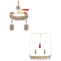 ZAVERI PEARLS Combo of 2 Gold Tone Kundan & Pearl Traditional Choker Necklace Set For Women-ZPFK9056