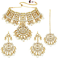 Peora Traditional 18K Gold Plated Kundan Choker Necklace Earring & Maang Tikka Set for Women Girls