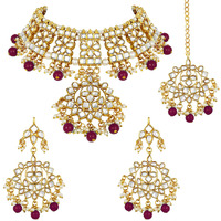 Peora Gold Plated Traditional Kundan Long Necklace Jewellery Set with Earring Maang Tikka for Women Girls (Maroon-1)
