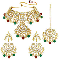 Peora Gold Plated Traditional Kundan Long Necklace Jewellery Set with Earring Maang Tikka for Women Girls (Maroon-Green)