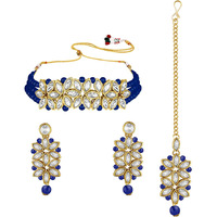 Peora Gold Plated Pearl Kundan Choker Necklace with Earring Maang Tikka Traditional Ethnic Bridal Jewellery Set for Women