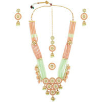 ZAVERI PEARLS Green & Peach Meenakari Multistrand Beaded Kundan Bridal Necklace Earring Maangtikka & Ring Set For Women-ZPFK13188